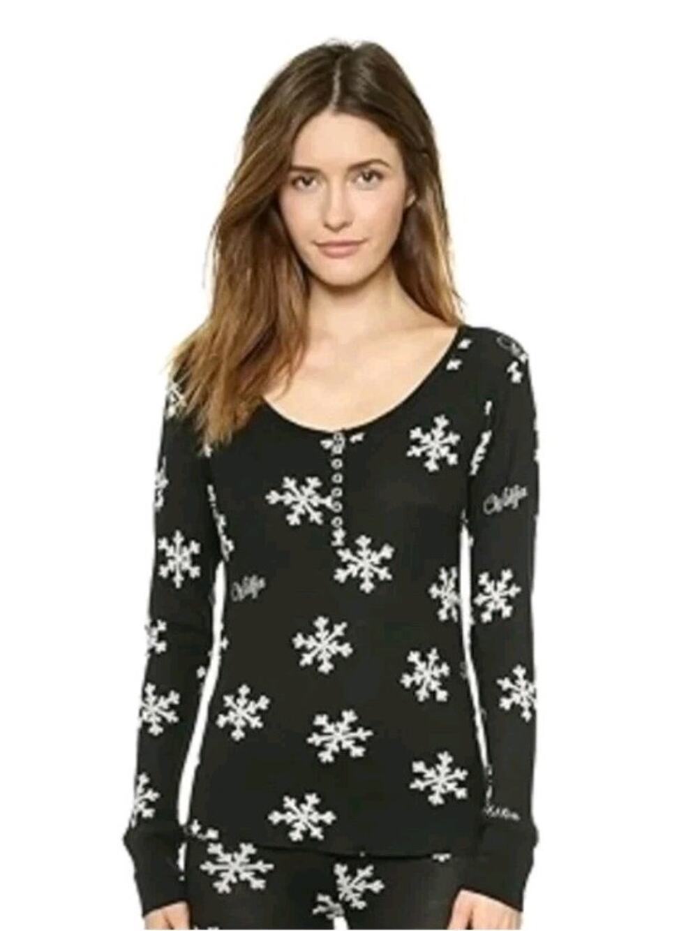 Wildfox Intimates Ski Bunny Snowflake Thermal Henley Pajama Top Black S